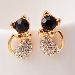 NEW Black Rhinestone Kitty Cat Stud Earring
